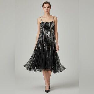 JS Collections/Aspeed Black Silver Floral Accordion Pleated Maxi Dress Size 12